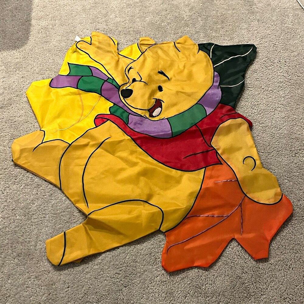 Vintage 1997 Disney Winnie the Pooh Fall Yard Flag 28x44 Nylon Scarf Leaves